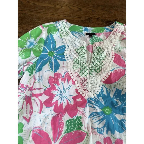 Talbots Womens Large Bright Floral 3/4 Sleeve Popover Cotton V-Neck Top X0917 - Picture 3 of 12